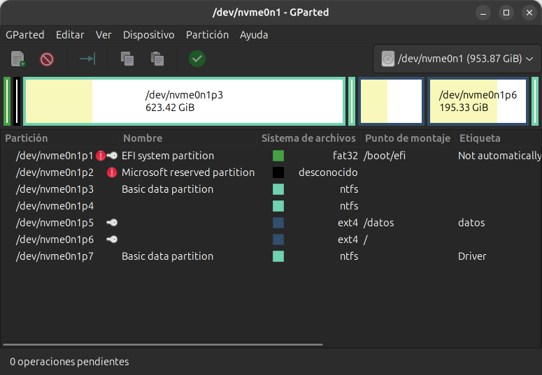 GParted con las particiones de un disco NVMe