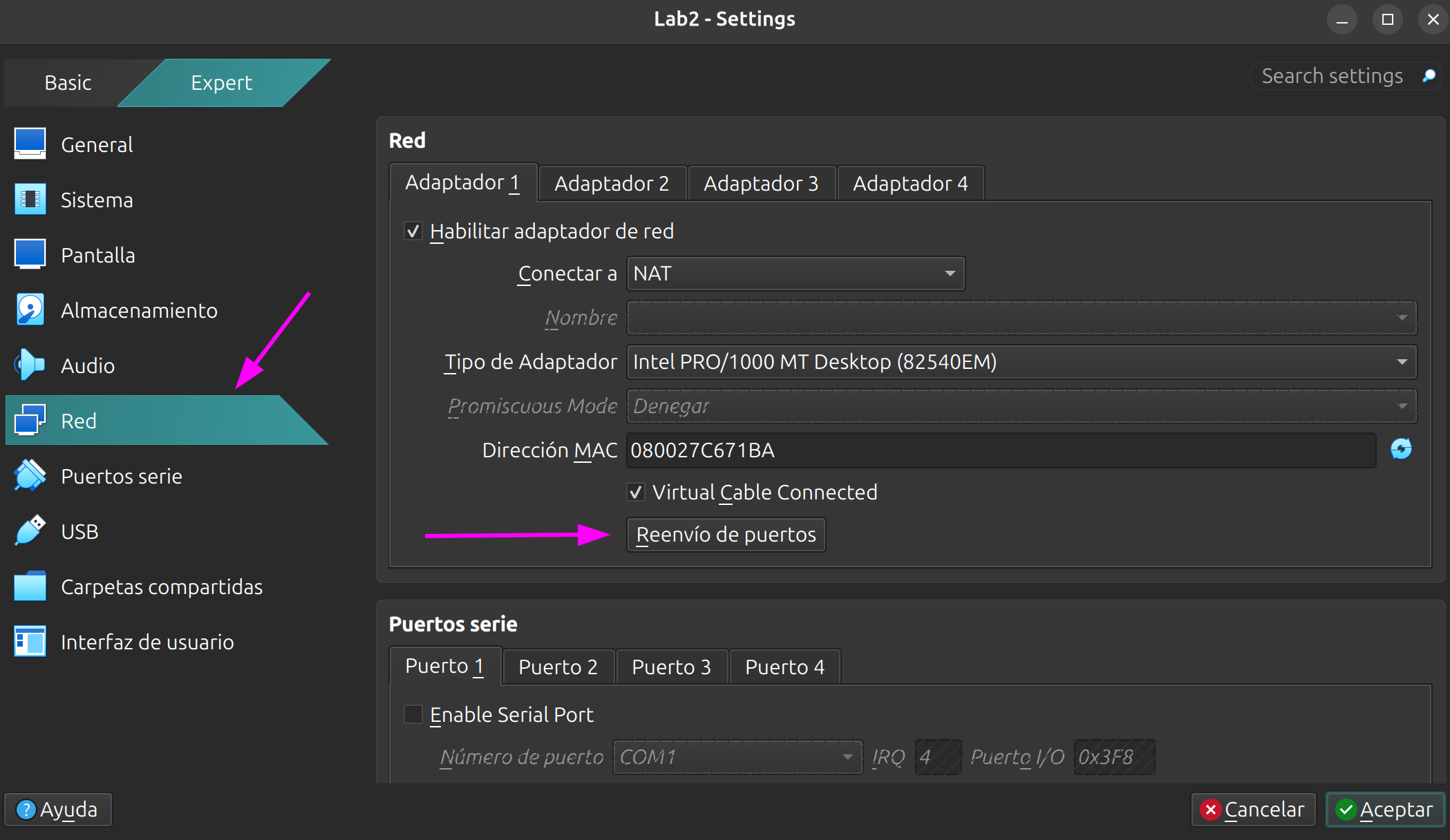 Adaptador de red en modo NAT en VirtualBox