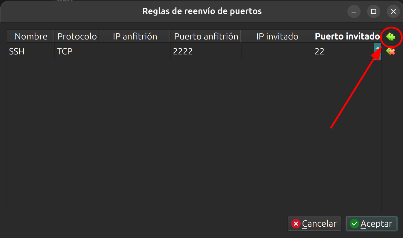 Regla de reenvío de puertos para SSH