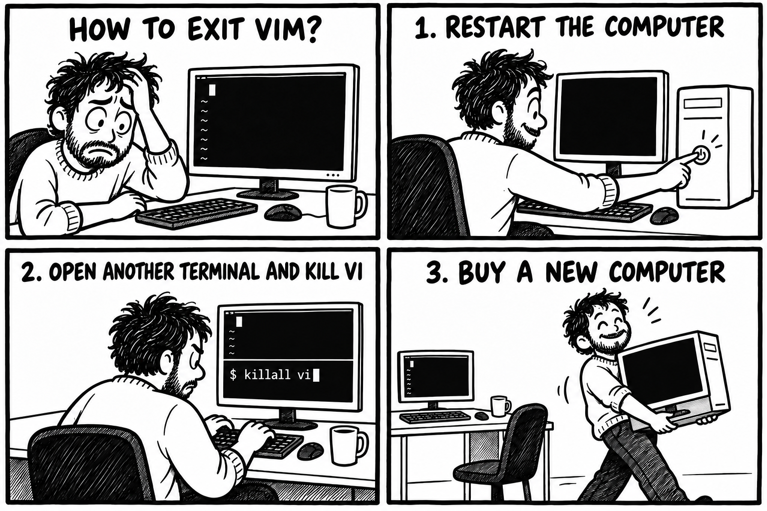 Historieta en inglés con tres formas absurdas de salir de Vim